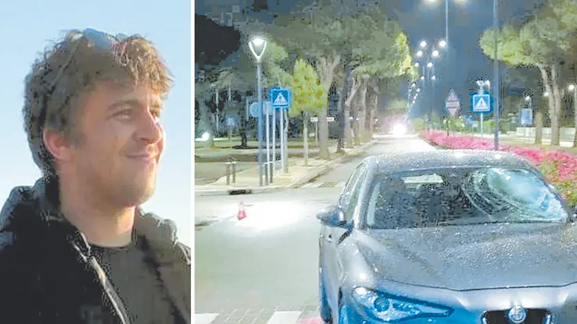 Kevin Murataj, 19 anni, di Latisana, morto venerdì dopo l’investimento in viale Europa a Lignano. A destra, l’auto che lo ha travolto