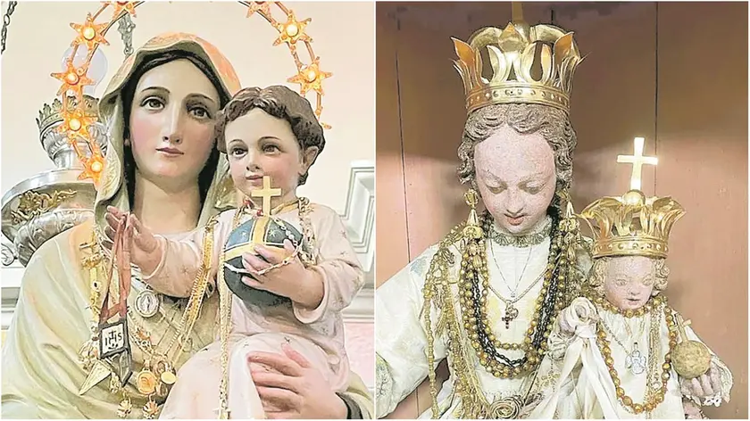 Le statue della Madonna del Carmine con i monili donati nel tempo dai fedeli in segno di gratitudine e devozione a Trelli