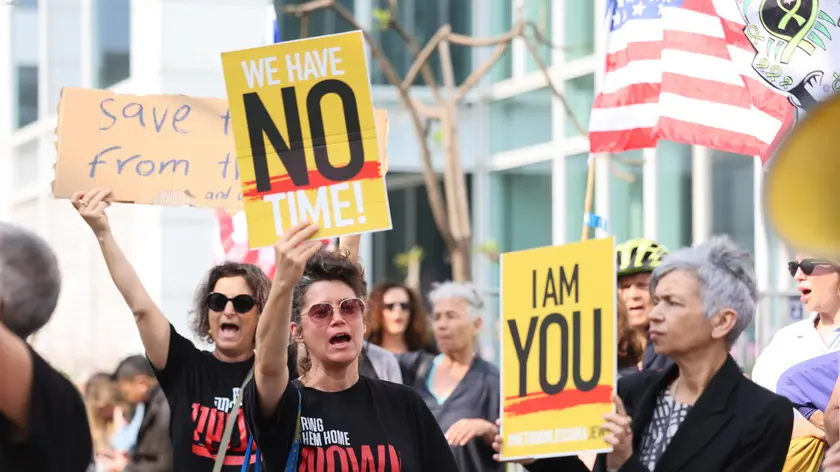 epa11311662 Demonstrators hold up banners during a protest calling for the immediate release of the Israeli hostages held by Hamas in Gaza, outside the venue where the US Secretary of State and the Israeli President are meeting in Tel Aviv, Israel, 01 May 2024. US Secretary of State Blinken is visiting Israel as part of his trip to the region to discuss ongoing efforts to achieve a ceasefire in Gaza, secure the release of hostages, and increase humanitarian aid to the Palestinian enclave. According to the Israeli military, 133 Israelis, who were abducted and taken to the Gaza Strip during the 07 October 2023 attacks by Hamas, remain in captivity. EPA/ABIR SULTAN